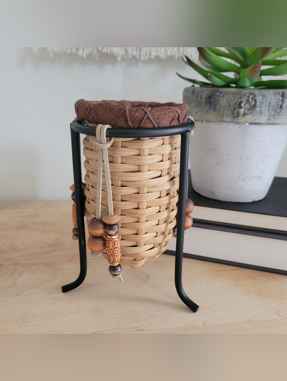 Hand Woven Basket Planter, Black Metal Stand Leather & Carved Beads